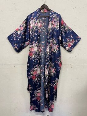 Babeyond Long Floral Satin Belted Robe, Fits L